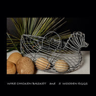 VINTAGE WIRE CHICKEN BASKET and WOOD EGGS