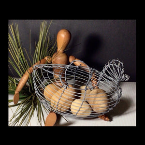 VINTAGE WIRE CHICKEN BASKET and WOOD EGGS